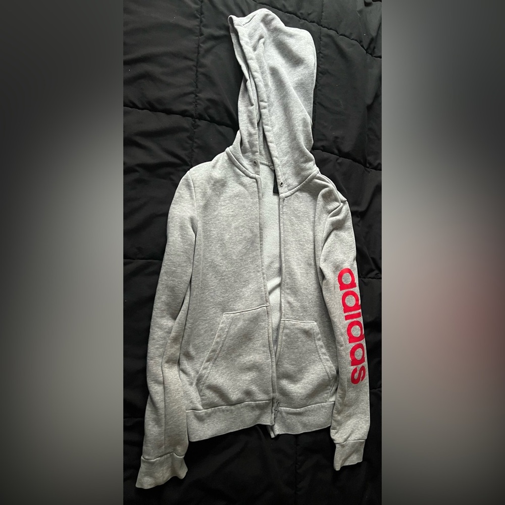 Girls Adidas Gray Knit Fabric hooded sweater with red bold letters “adidas”